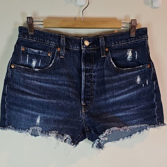 Levi's 501 Blue Distressed Denim Button Fly 32" Waist Jean Shorts - Picture 1 of 13